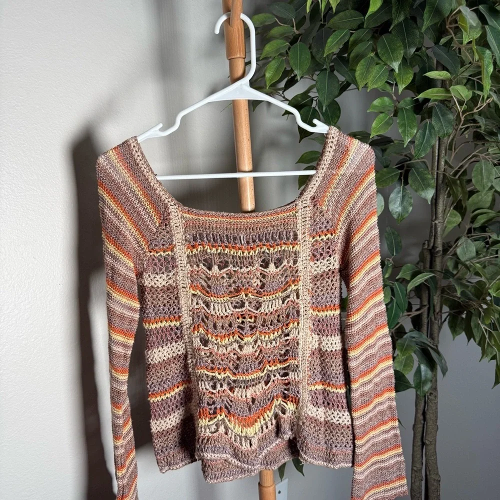 Free People Phoenix Crochet Striped Bell Sleeve Boho Sweater Women’s Size Medium